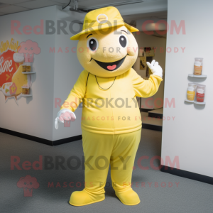 Lemon Yellow Beef Stroganoff mascot costume character dressed with a Joggers and Hat pins