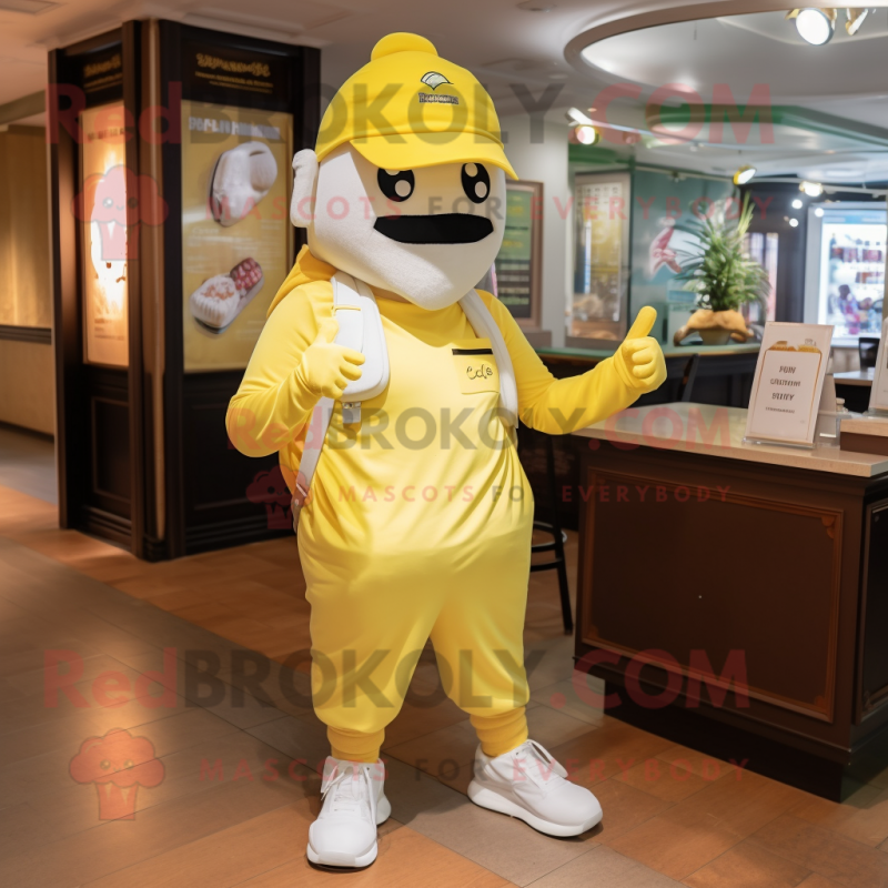 Lemon Yellow Beef Stroganoff mascot costume character dressed with a Joggers and Hat pins Lemon Yellow Beef Stroganoff mascot costume character dressed with a Joggers and Hat pins