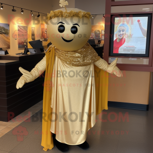 Gold Pho mascot costume character dressed with a Sheath Dress and Shawl pins