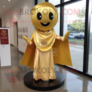 Gold Pho mascot costume character dressed with a Sheath Dress and Shawl pins