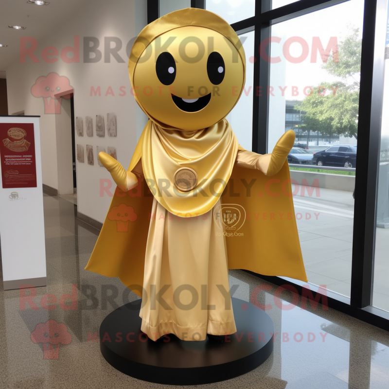 Gold Pho mascot costume character dressed with a Sheath Dress and Shawl pins Gold Pho mascot costume character dressed with a Sheath Dress and Shawl pins