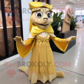 Gold Pho mascot costume character dressed with a Sheath Dress and Shawl pins