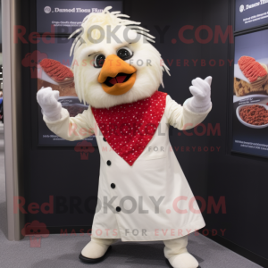 Cream Chicken Parmesan mascot costume character dressed with a Dress Pants and Necklaces