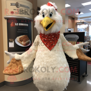 Cream Chicken Parmesan mascot costume character dressed with a Dress Pants and Necklaces