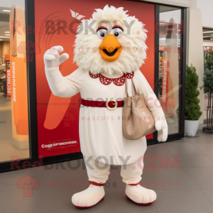 Cream Chicken Parmesan mascot costume character dressed with a Dress Pants and Necklaces