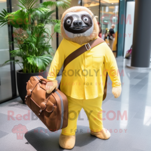 Yellow Sloth mascot costume character dressed with a Dress Pants and Handbags