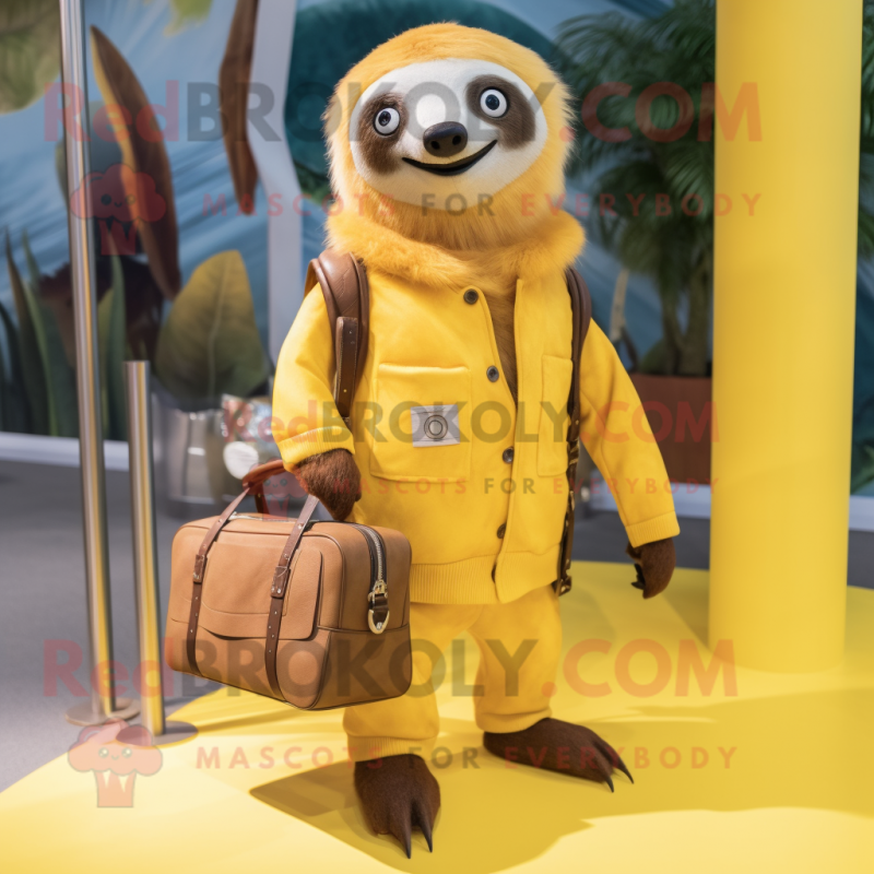 Yellow Sloth mascot costume character dressed with a Dress Pants and Handbags Yellow Sloth mascot costume character dressed with a Dress Pants and Handbags