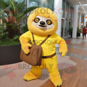 Yellow Sloth mascot costume character dressed with a Dress Pants and Handbags