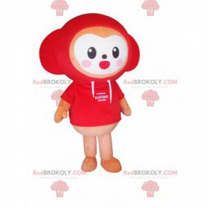 Kleine oranje beer mascotte met een rode trui met capuchon! -