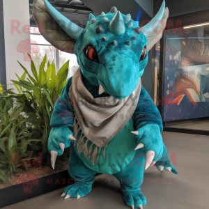 Turquoise Triceratops mascot costume character dressed with a Parka and Scarves