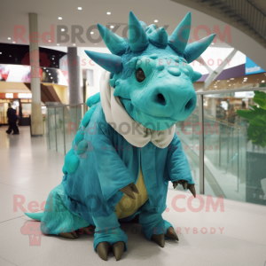 Turquoise Triceratops mascot costume character dressed with a Parka and Scarves