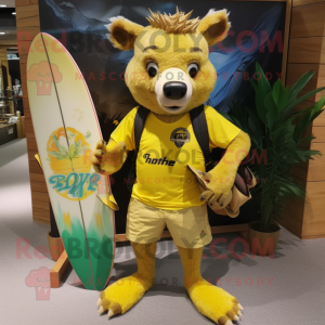 Yellow Wild Boar mascot costume character dressed with a Board Shorts and Anklets