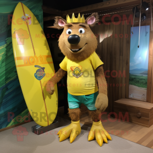 Yellow Wild Boar mascot costume character dressed with a Board Shorts and Anklets