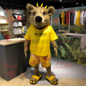Yellow Wild Boar mascot costume character dressed with a Board Shorts and Anklets