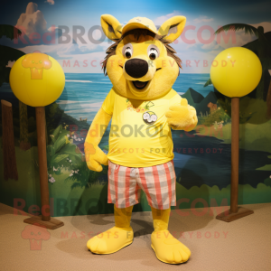 Yellow Wild Boar mascot costume character dressed with a Board Shorts and Anklets