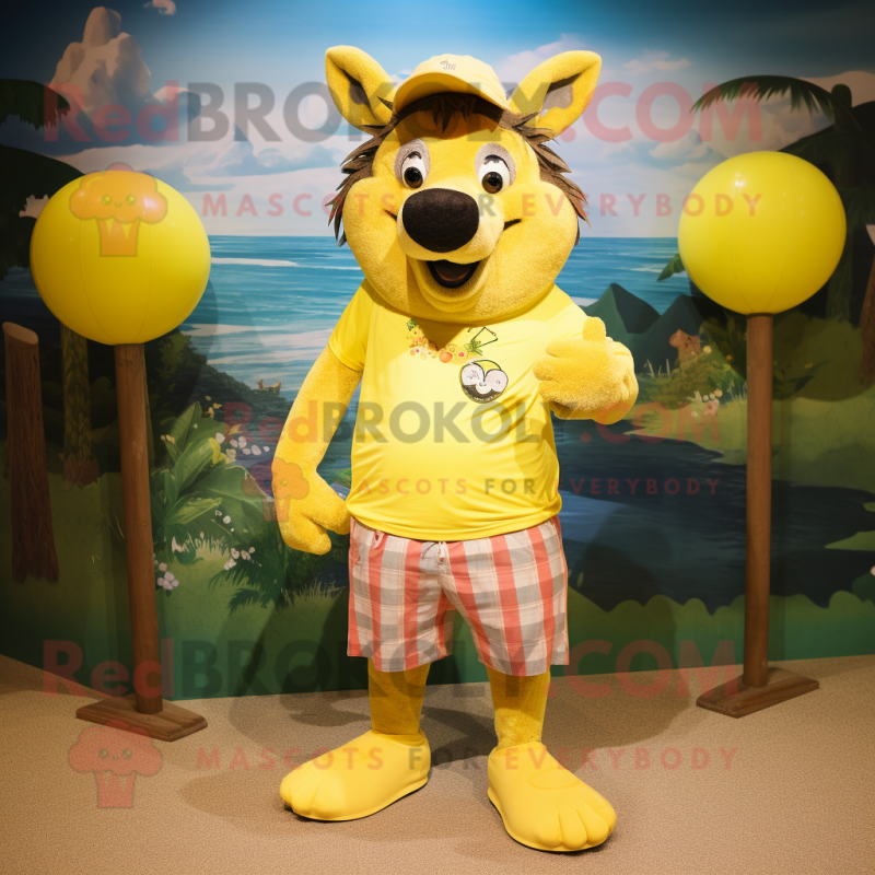Yellow Wild Boar mascot costume character dressed with a Board Shorts and Anklets Yellow Wild Boar mascot costume character dressed with a Board Shorts and Anklets