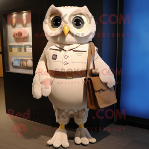 Cream Owl mascot costume character dressed with a Shift Dress and Wallets