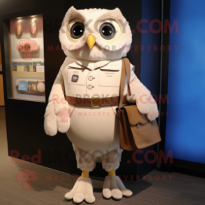 Cream Owl mascot costume character dressed with a Shift Dress and Wallets