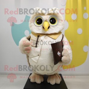 Cream Owl mascot costume character dressed with a Shift Dress and Wallets