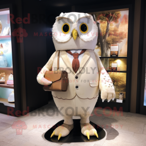 Cream Owl mascot costume character dressed with a Shift Dress and Wallets