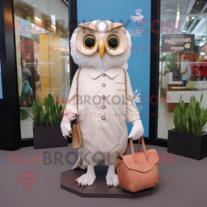 Cream Owl mascot costume character dressed with a Shift Dress and Wallets