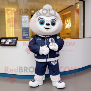 Navy Dim Sum mascot costume character dressed with a Sweatshirt and Smartwatches