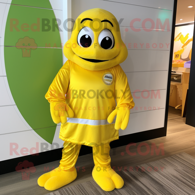 Lemon Yellow Sea Turtle mascot costume character dressed with a Board Shorts and Cummerbunds