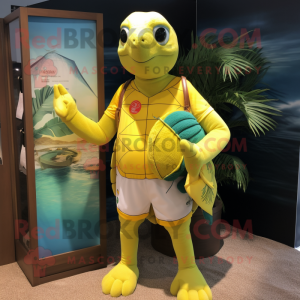 Lemon Yellow Sea Turtle mascot costume character dressed with a Board Shorts and Cummerbunds