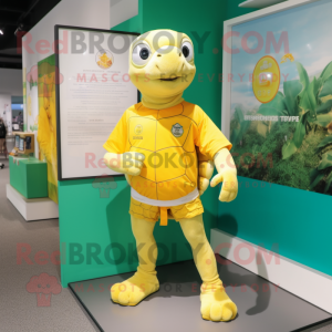 Lemon Yellow Sea Turtle mascot costume character dressed with a Board Shorts and Cummerbunds