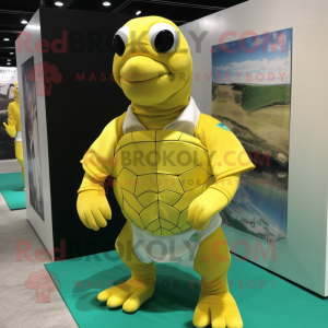 Lemon Yellow Sea Turtle mascot costume character dressed with a Board Shorts and Cummerbunds