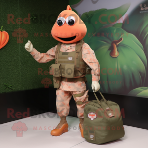 Peach Para Commando mascot costume character dressed with a V-Neck Tee and Handbags