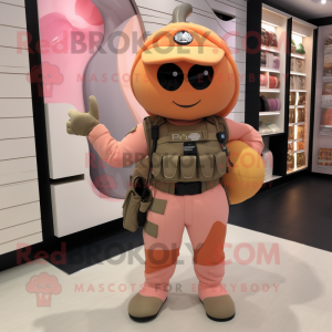 Peach Para Commando mascot costume character dressed with a V-Neck Tee and Handbags