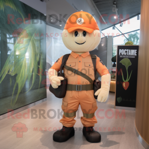 Peach Para Commando mascot costume character dressed with a V-Neck Tee and Handbags