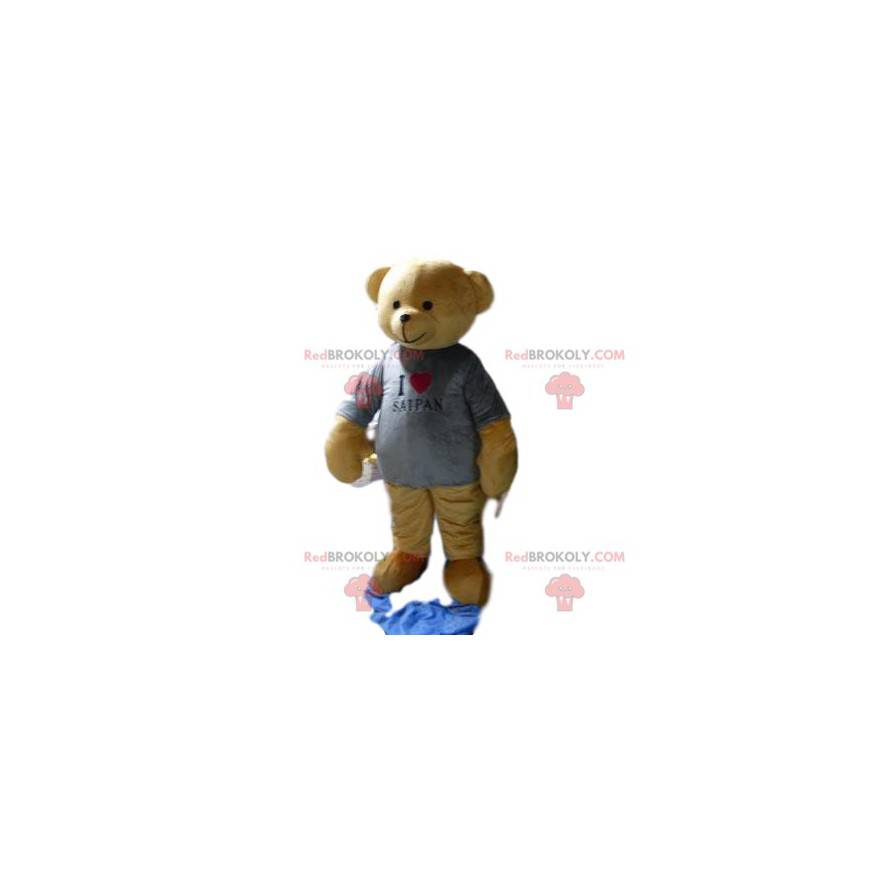 Brun björnmaskot med en grå t-shirt - Redbrokoly.com