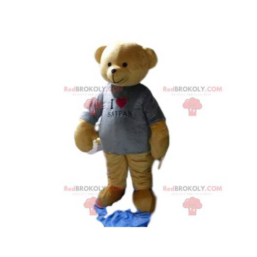 Brun bjørnemaskot med en grå t-skjorte - Redbrokoly.com