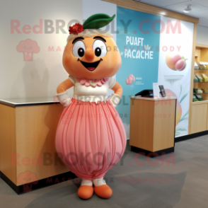 Peach Aglet mascot costume character dressed with a Maxi Skirt and Necklaces