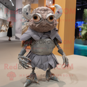 Gray Hermit Crab mascot costume character dressed with a Dress Pants and Brooches