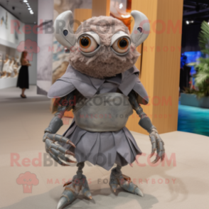 Gray Hermit Crab mascot costume character dressed with a Dress Pants and Brooches