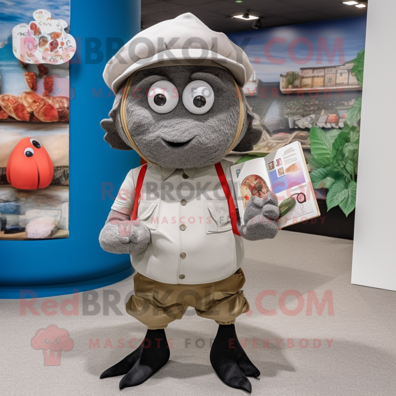 Gray Hermit Crab mascot costume character dressed with a Dress Pants and Brooches