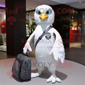 White Falcon mascot costume character dressed with a T-Shirt and Handbags