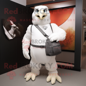 White Falcon mascot costume character dressed with a T-Shirt and Handbags