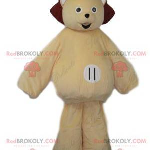 Mascote urso sorridente com uma coroa e uma pequena flor cor de