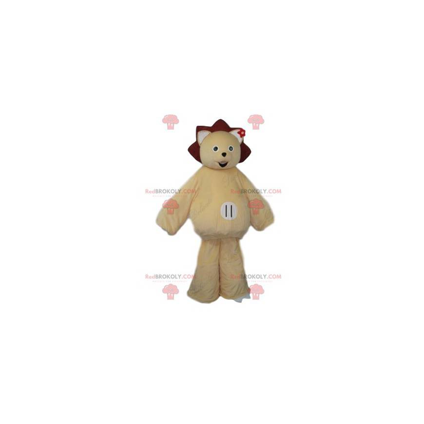 Smiling bear mascot with a crown and a small burgundy flower -