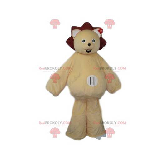 Mascote urso sorridente com uma coroa e uma pequena flor cor de