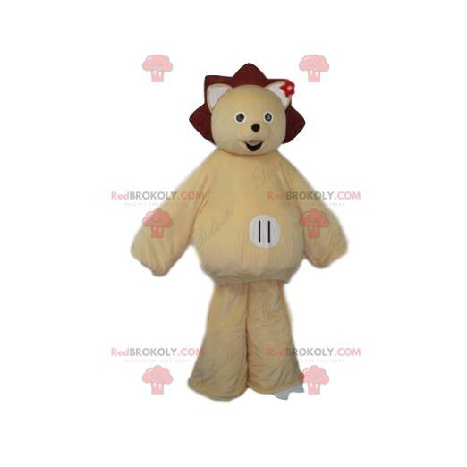 Smiling bear mascot with a crown and a small burgundy flower -