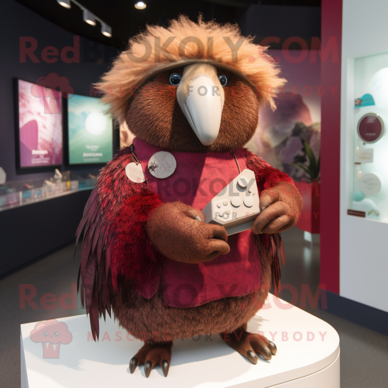 Maroon Kiwi mascot costume character dressed with a Blouse and Earrings