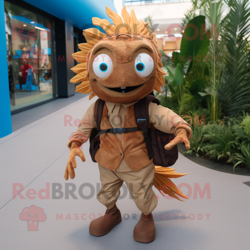 Brown Betta Fish mascot costume character dressed with a Dress Shirt and Backpacks