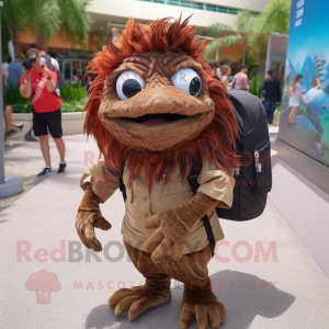 Brown Betta Fish mascot costume character dressed with a Dress Shirt and Backpacks