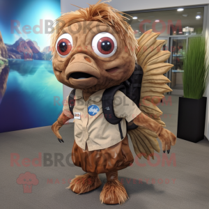 Brown Betta Fish mascot costume character dressed with a Dress Shirt and Backpacks