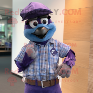 Purple Blue Jay mascot costume character dressed with a Button-Up Shirt and Smartwatches